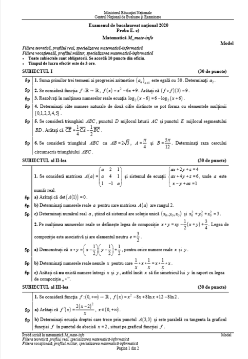 Subiecte BAC la Matematică. Ce a picat în 2020 la M1 şi M2