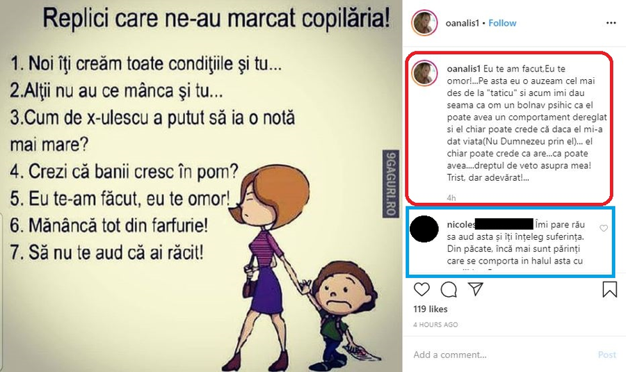 Oana Lis a distribuit o poză pe care au fost scrise mai multe replici care au marcat copilăria mai multor generații, printre care și cea din care vedeta face parte. Ea a scris câteva rânduri despre coșmarul trăit alături de tatăl său © Instagram