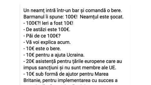 BANC | Un neamț intră în bar și comandă o bere: "Costă 100 de euro!"