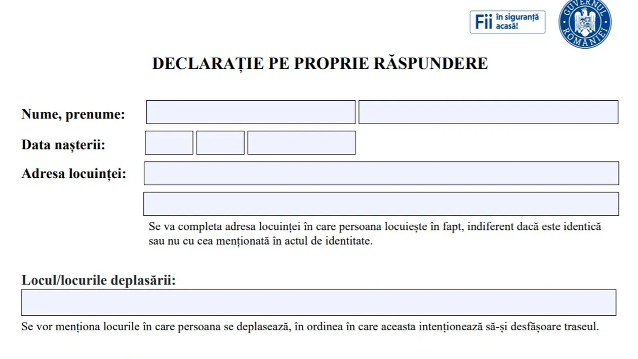 Acesta este modelul noii declarații pe propria răspundere. Interdicţia de circulaţie după ora 22:00, valabilă de duminică