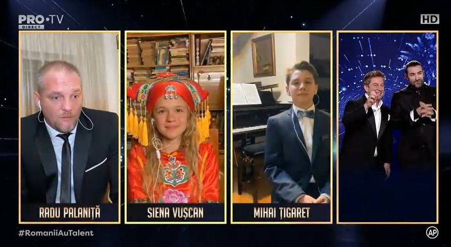 Radu Palaniță, Siena Vușcan și Mihai Țigaret, înainte ca Smiley și Pavel Bartoș să anunțe câștigătorul “Românii au talent” 2020 © Pro TV