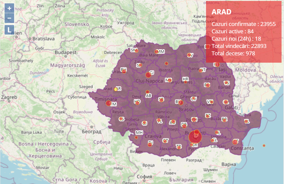 Covid-19 în județul Arad, România. Sursă: captură  https://covid19.geo-spatial.org/