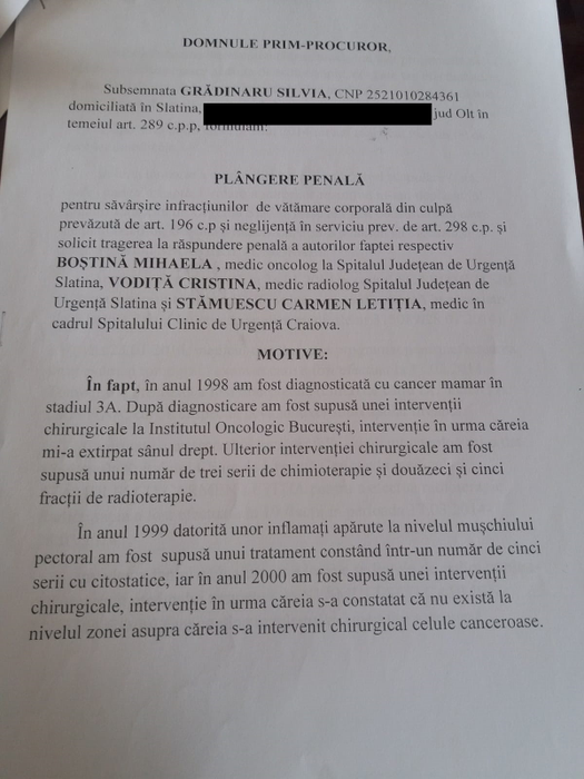 Plângerea adresată procurorilor