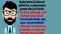 BANC | Bulă intră în biroul şefei lui, o plesneşte peste dos şi îi zice: Ce faci, păpuşă, mai merge una mică?