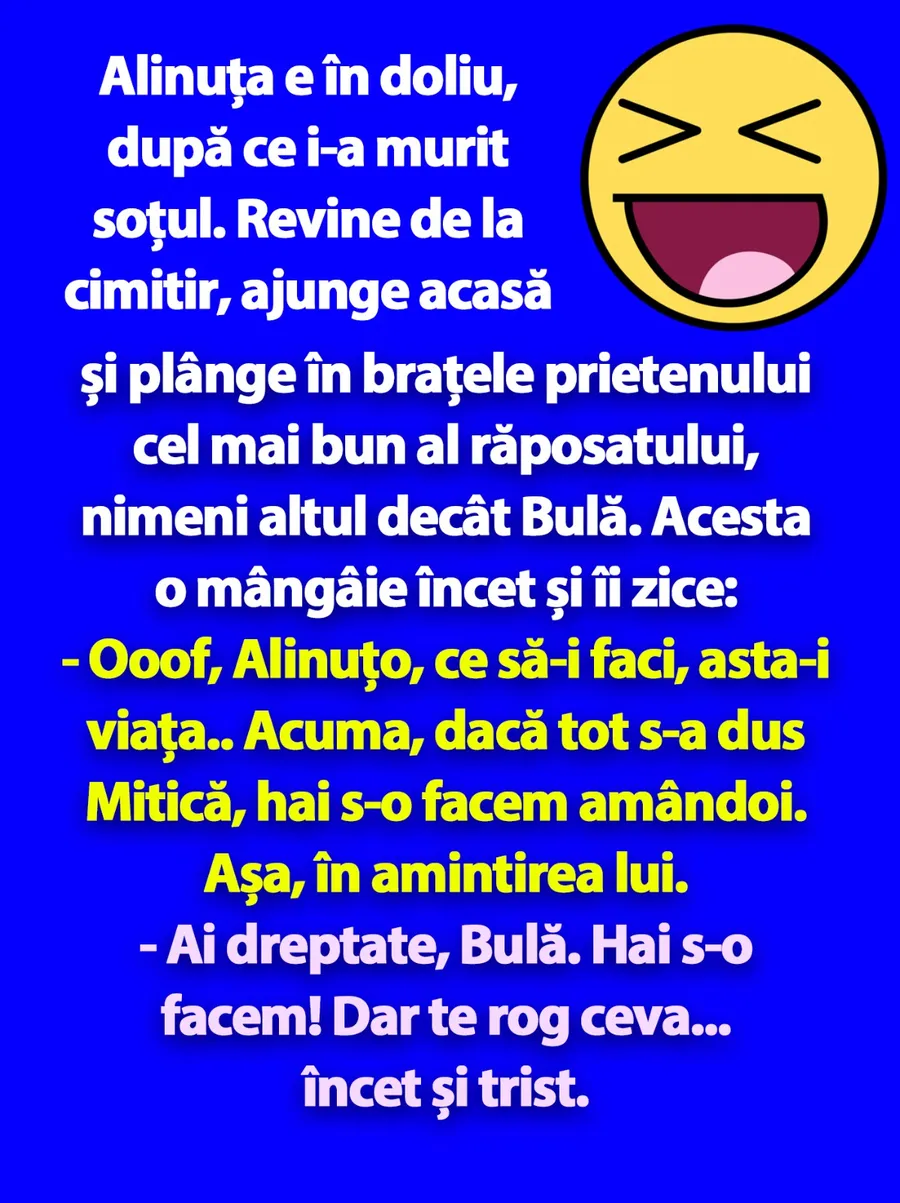 Alinuța e în doliu, după ce i-a murit soțul. Revine de la cimitir, ajunge acasă și plânge în brațele prietenului cel mai bun al răposatului, nimeni altul decât Bulă. Acesta o mângâie încet și îi zice:
- Ooof, Alinuțo, ce să-i faci, asta-i viața.. Acuma, dacă tot s-a dus Mitică, hai s-o facem amândoi. Așa, în amintirea lui.
BANC | Bulă o consolează pe Alinuța după ce i-a murit soțul