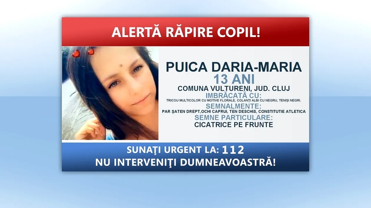 Poliţiştii caută o fată de 13 ani din judeţul Cluj, care ar fi fost răpită de un tânăr de 27 de ani