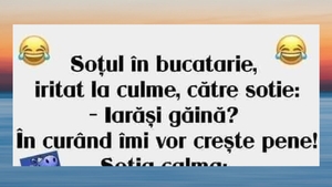 BANC | "Soţul în bucătărie, iritat la culme, către soţie: Iarăşi găină?"