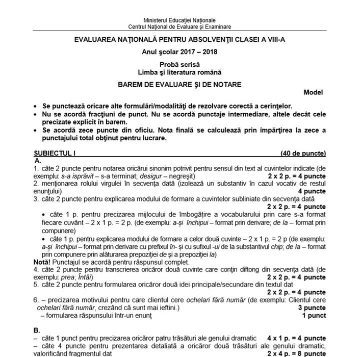 Modele de subiecte la proba scrisă de la limba și literatura română pentru Evaluarea Națională 2019