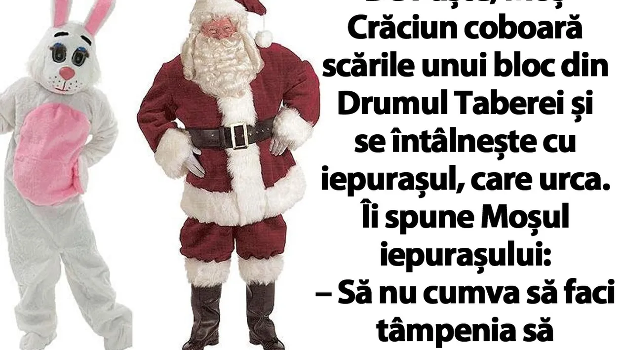BANC | De Paște, Moș Crăciun coboară scările unui bloc din Drumul Taberei și se întâlnește cu iepurașul, care urca