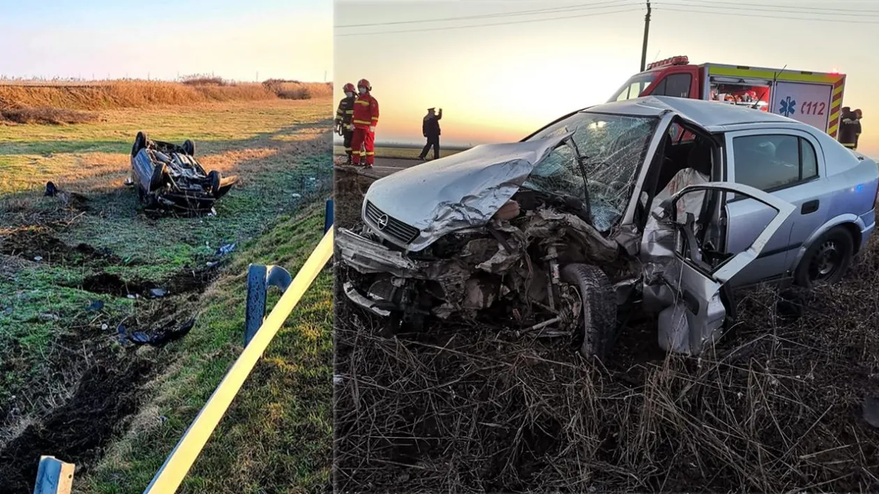 8 oameni și-au văzut moartea cu ochii, după ce mașinile în care erau au fost implicate în două accidente pe un drum din Ialomița, Unul dintre autoturisme s-a răsturnat pe câmp