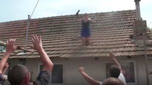 Scene greu de imaginat la o nuntă! S-a urcat pe casă şi a început să arunce cu ţigle în nuntaşii care o plăteau
