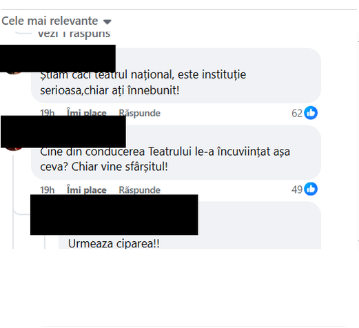 Comentariile la postarea despre piesa de teatru/ Sursa foto: Facebook