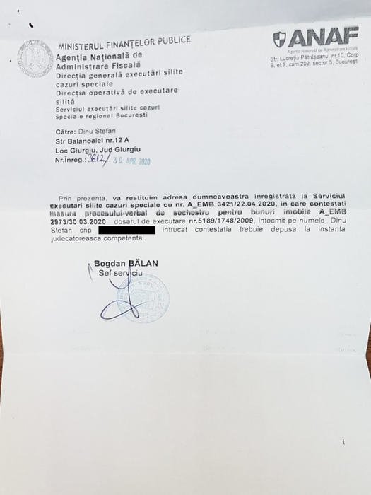 Documentul primit de Fane Căpățână