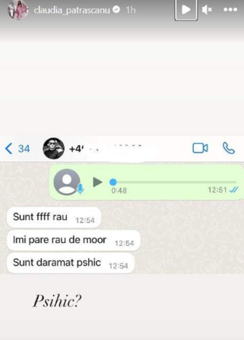 Claudia Pătrășcanu a făcut publice mesajele de la Gabi Bădălău. Afaceristul recunoaște că a înghițit o pungă cu pastile