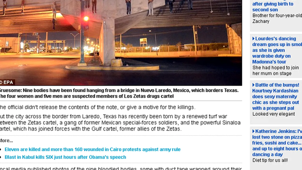 CEA MAI SOCANTA IMAGINE PE CARE AI VAZUT-O IN ULTIMA VREME! 9 mexicani, atarnand spanzurati de un pod! Alti 14 au fost decapitati!