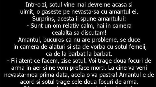 BANCUL ZILEI | Într-o zi, soțul vine mai devreme acasă și o găsește pe nevastă-sa cu amantul ei