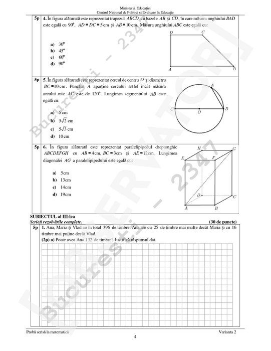 Evaluarea Națională 2022 | Subiectele și baremul la matematică, a doua probă de la Evaluare, de joi, 16 iunie 2022