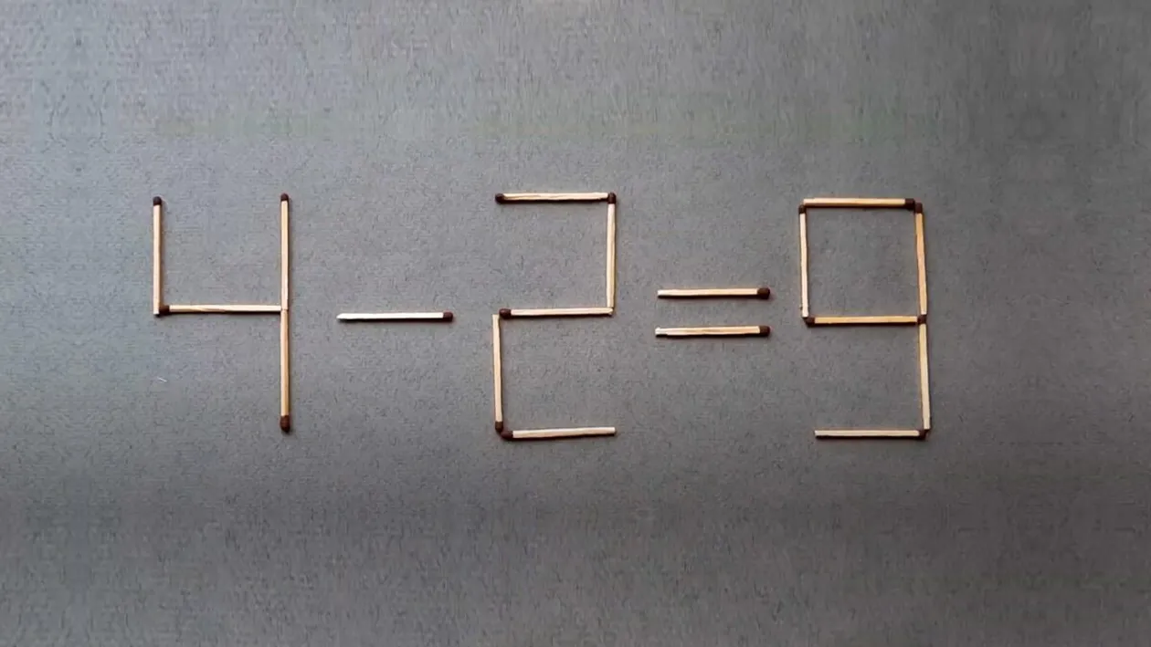 Test IQ exclusiv pentru genii | Mutați doar 2 chibrituri pentru a rezolva egalitatea: 4-2=9