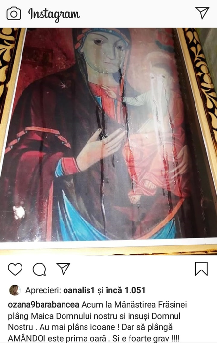 Semn divin în plină pandemie de coronavirus! Plânge icoana Maicii Domnului cu Pruncul Iisus Hristos de la Mănăstirea Frăsinei | FOTO