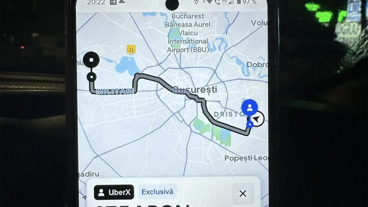 Un client a comandat o mașină Uber din Dristor în Chiajna. Cât a plătit pentru cursa de 19.6 km (41 de minute)