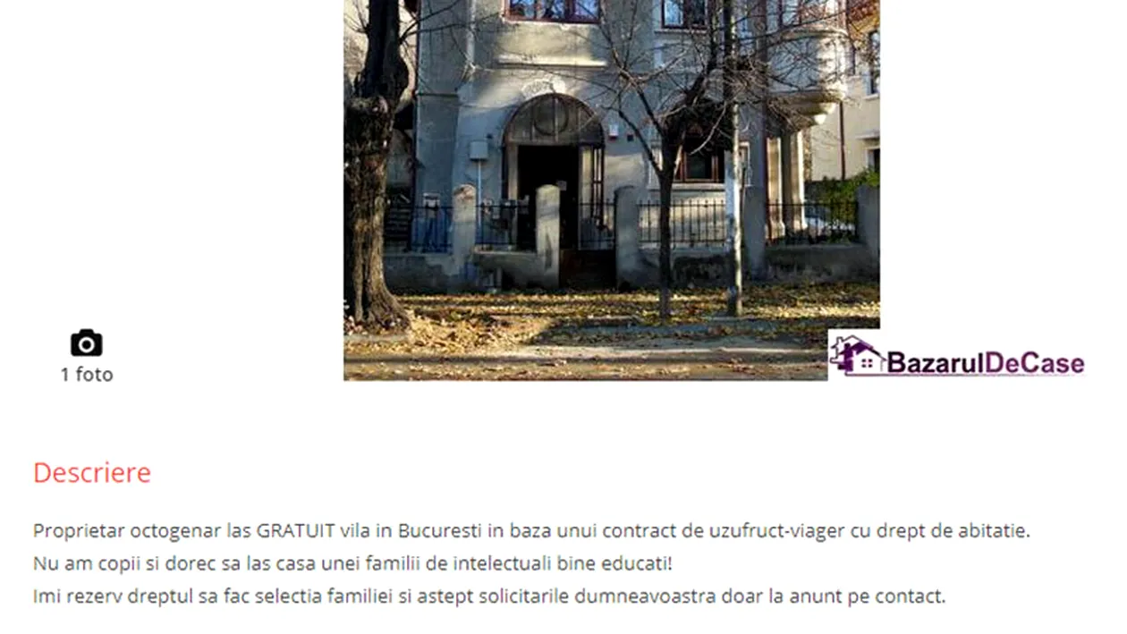 Un anunţ imobiliar a devenit viral pe reţelele de socializare. „Proprietar octogenar las GRATUIT vilă în Bucureşti!” Care sunt condiţiile