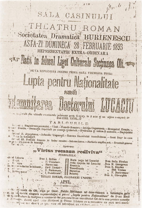 28 februarie 1893, Sala Cazinoului. Premiera piesei de teatru „Lupta pentru Naționalitate sau Întemnițarea Doctorului Lucaciu” scrisă de actorul slătinean Emil Nicolau și jucată de trupa de actori slătineni a „Societății Dramatice Burienescu” /Facebook/Aurelia Grosu