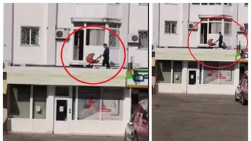 FOTO. Imagini ireale, în Pitești! Ce modalitate inedită a găsit un tătic pentru a-și plimba copilul, în contextul pandemiei de coronavirus