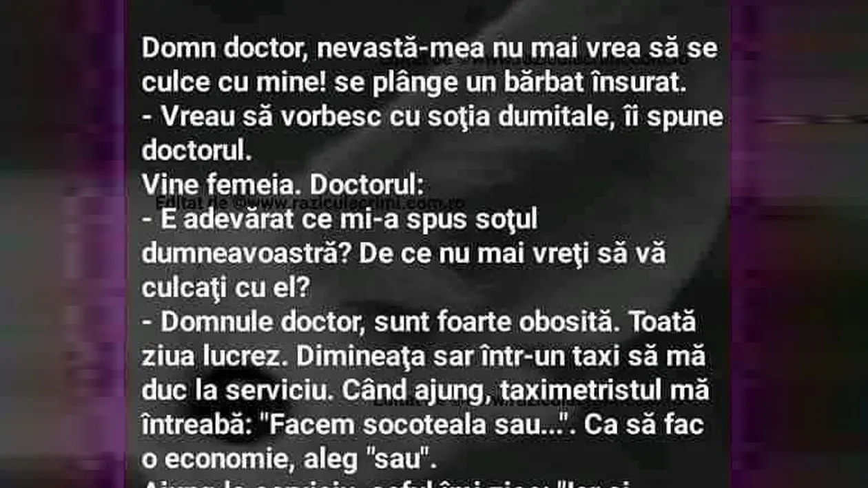 BANC | Domn' doctor, nevastă-mea nu mai vrea să se culce cu mine!