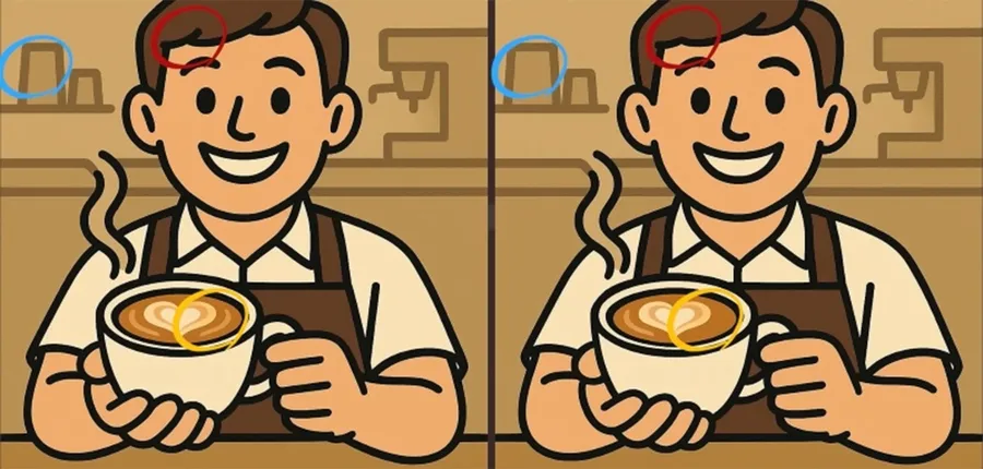 Test de logică | Acești 2 barista par identici, dar nu sunt. Găsiți toate cele 3 diferențe!
