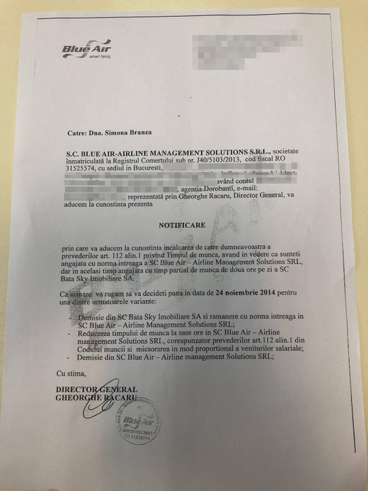 Documentul-bombă care confirmă faptul că Simona Brînză a fost hărțuită de șefii de la BLUE AIR