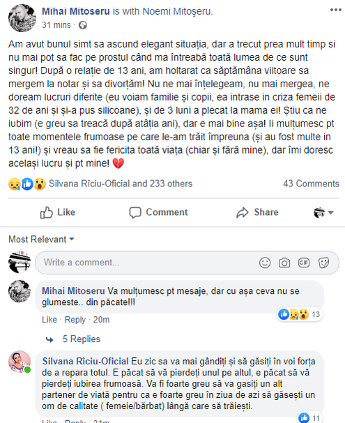 Ce comentariu a lasat Silvana Rîciu la anunțul divorțului scris de Mihai Mitoșeru pe Facebook