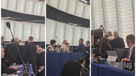 Diana Șoșoacă a făcut circ în Parlamentul European! A fost scoasă cu forța din sală, după ce și-a pus botniță. VIDEO ULUITOR