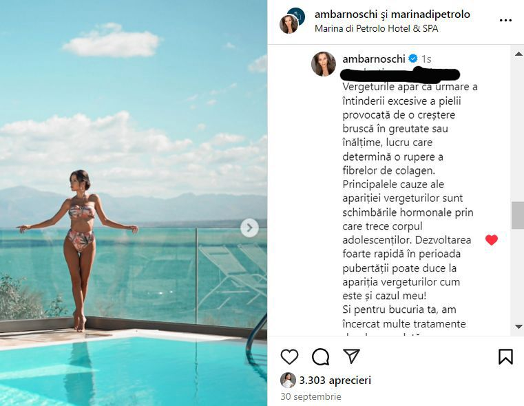 Ana Maria Barnoschi, taxată aspru pentru apariția la piscină. Un fan, nemulțumit de câte vergeturi are