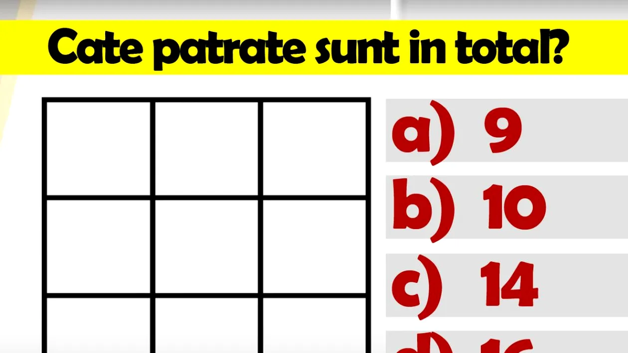 Testul de inteligență la care 99 din 100 greșesc | Câte pătrate sunt în total: 9, 10, 14 sau 16?