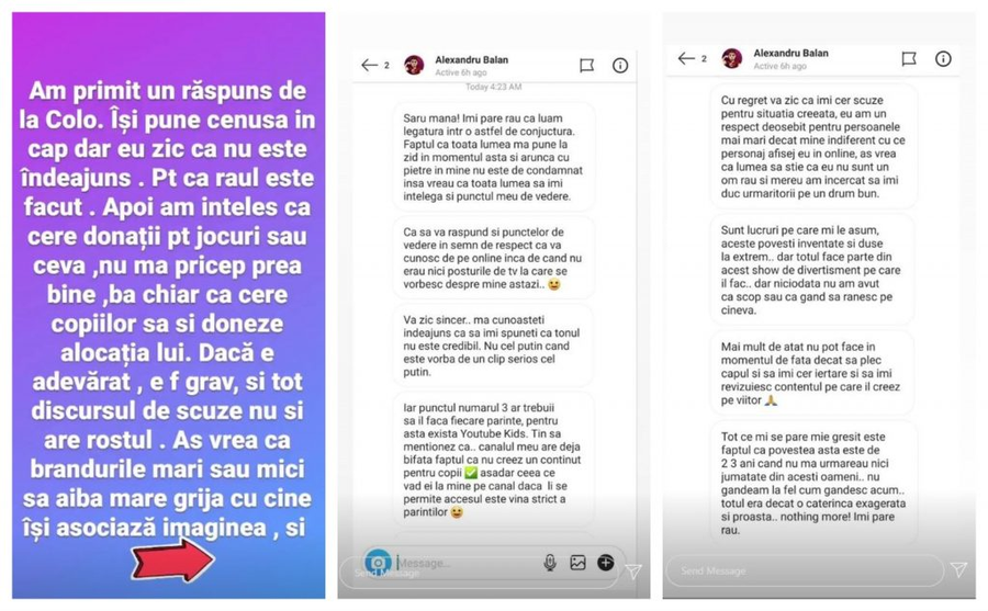 Oana Roman a făcut public răspunsul primit în privat de la tânărul vlogger, Alexandru Bălan © Instagram Stories