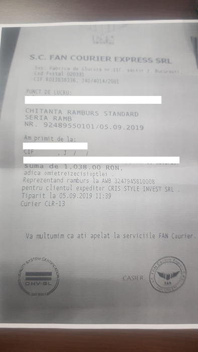 Chitanța care atestă comanda clientei