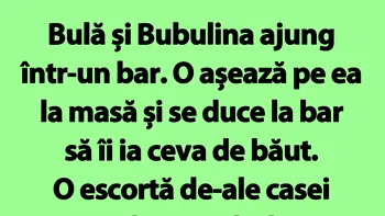 Bancul de marți | Bulă și Bubulina ajung într-un bar. O așează pe ea la masă și se duce la bar să îi ia ceva de băut