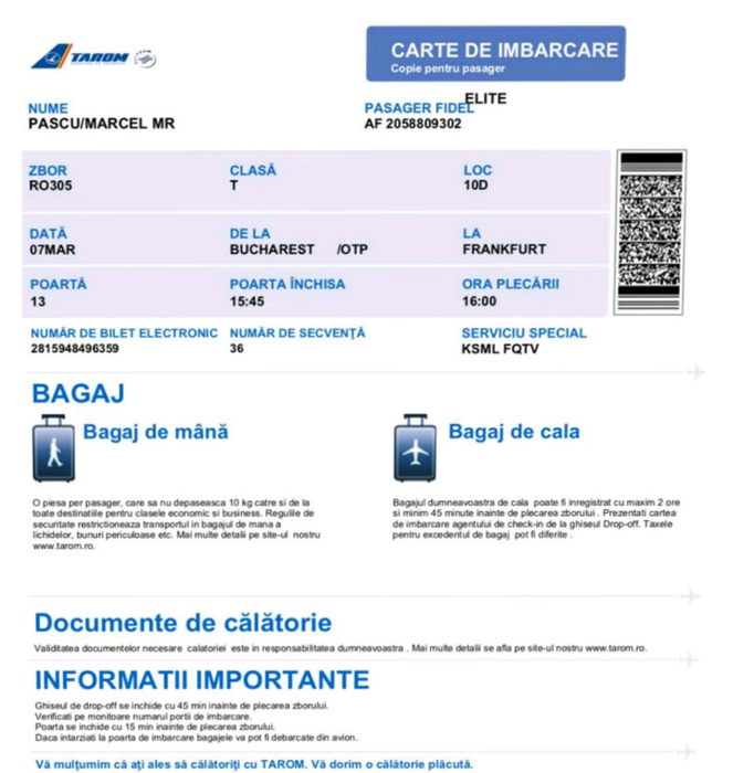 Marcel Kalu ne-a trimis biletul de avion de la București la Frankfurt, datat 7 martie