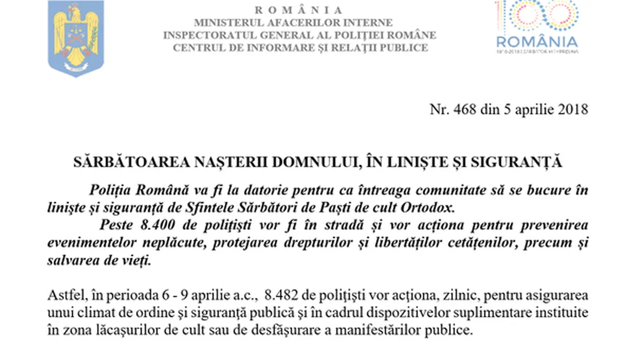 Poliția Română a confundat Crăciunul cu Paștele! Ce mesaj a transmis: „Sărbătoarea Naşterii Domnului, în linişte şi siguranţă”