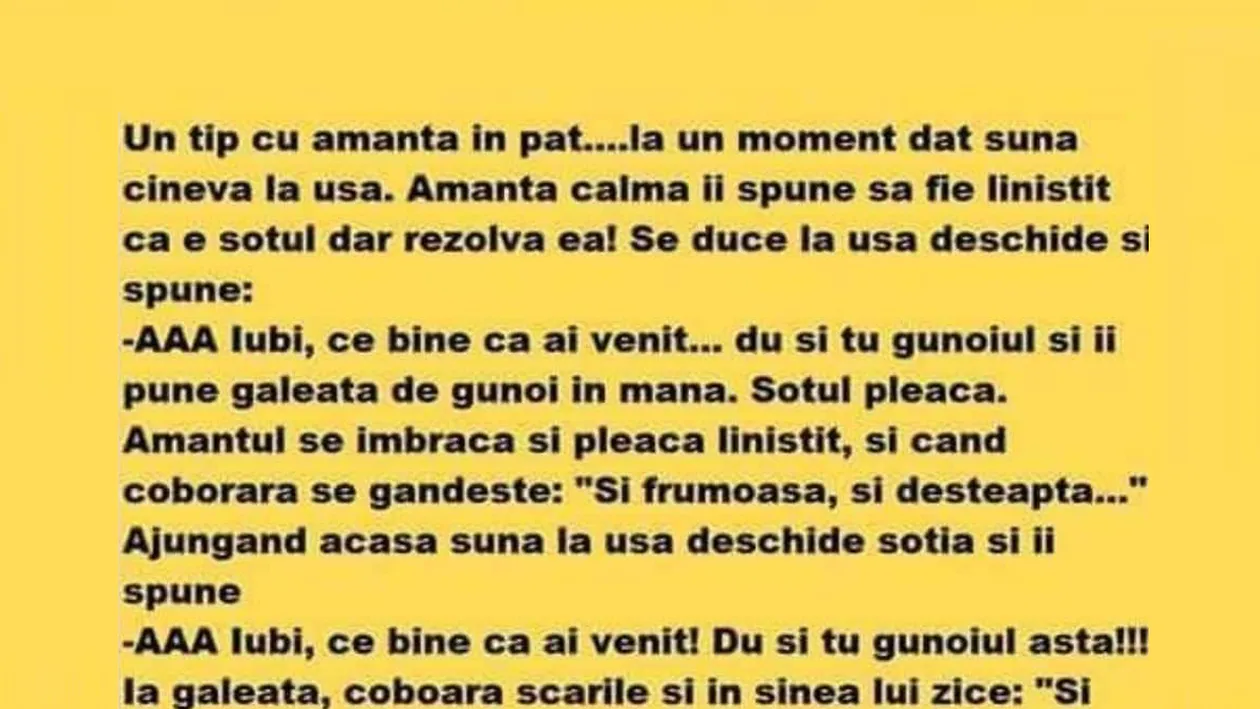 BANCUL ZILEI | Un tip e cu amanta în pat. La un moment dat, sună cineva la ușă