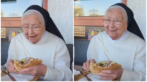 O călugăriță de 92 de ani a mâncat primul kebap din viața ei. Imagini virale!