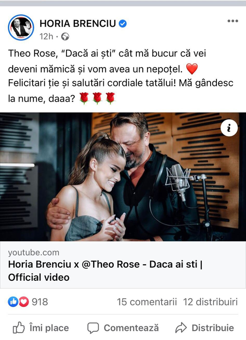 Horia Brenciu a felicitat-o pe Theo Rose / (Sursa: facebook)
