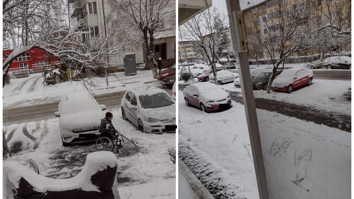 Imaginea care a înduioșat o țară întreagă! Un bărbat în scaun cu rotile a curățat un trotuar de zăpadă: „Cum soțul meu poate, ar putea și alții”