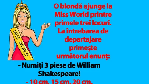 BANCUL ZILEI | O blondă ajunge la Miss World. La întrebarea de departajare primeşte următorul enunţ