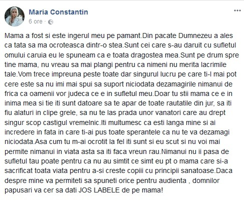 Maria Constantin, mesaj sfâşietor pentru mama ei, la câteva ore după ce a fost la judecată cu Marcel Toader: ”Sa dati JOS LABELE de pe mama!”