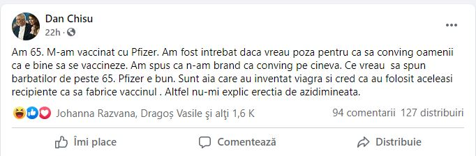 Dan Chișu, mărturisire intimă după ce s-a vaccinat: “Pfizer – ăia care au inventat viagra”. Ce i s-a întâmplat la câteva ore după ce a primit doza împotriva COVID-19