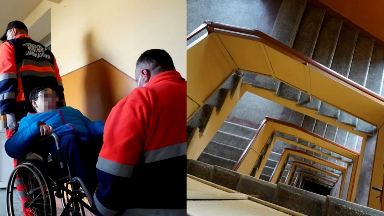 Incredibil! Copil în scaun cu rotile, transportat pe scări 7 etaje. Motivul scandalos pentru care liftul nu funcționa