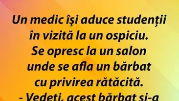 BANC | Un medic își aduce studenții în vizită la un ospiciu. Se află la un salon unde se află un bărbat cu privirea rătăcită