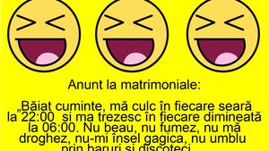 BANC | Anunț la matrimoniale: "Băiat cuminte, mă culc în fiecare seară la 22:00 și mă trezesc în fiecare dimineță la 6:00"