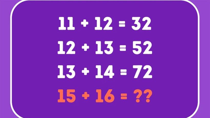 Test de logică | Dacă 11+12=32, 12+13=52 și 13+14=72, atunci cât este 15+16?